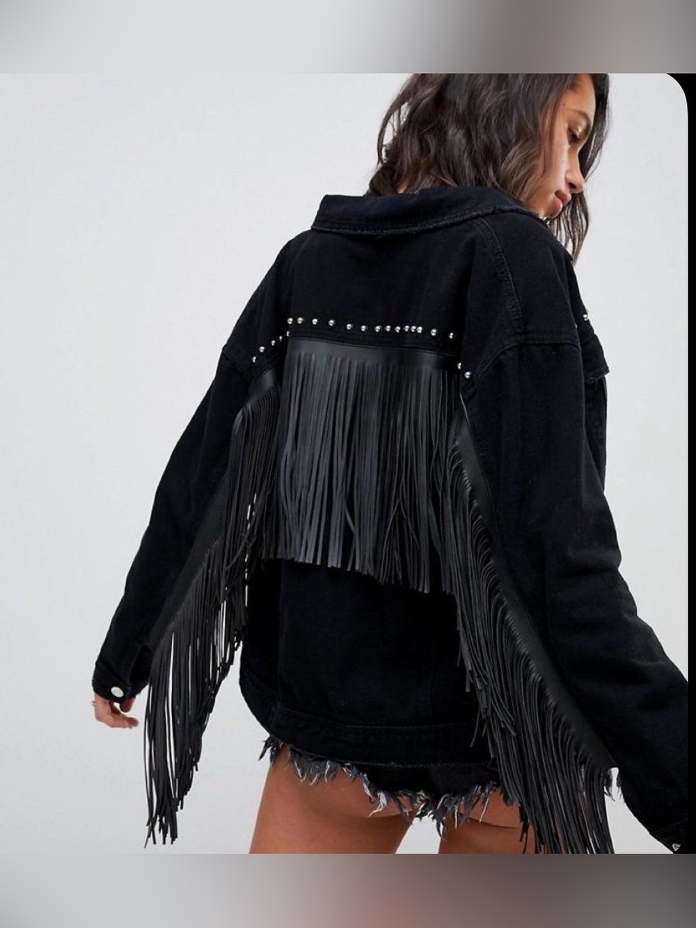 Missguided Black Fringe Studded Denim Jacket - Women's Loose Fit